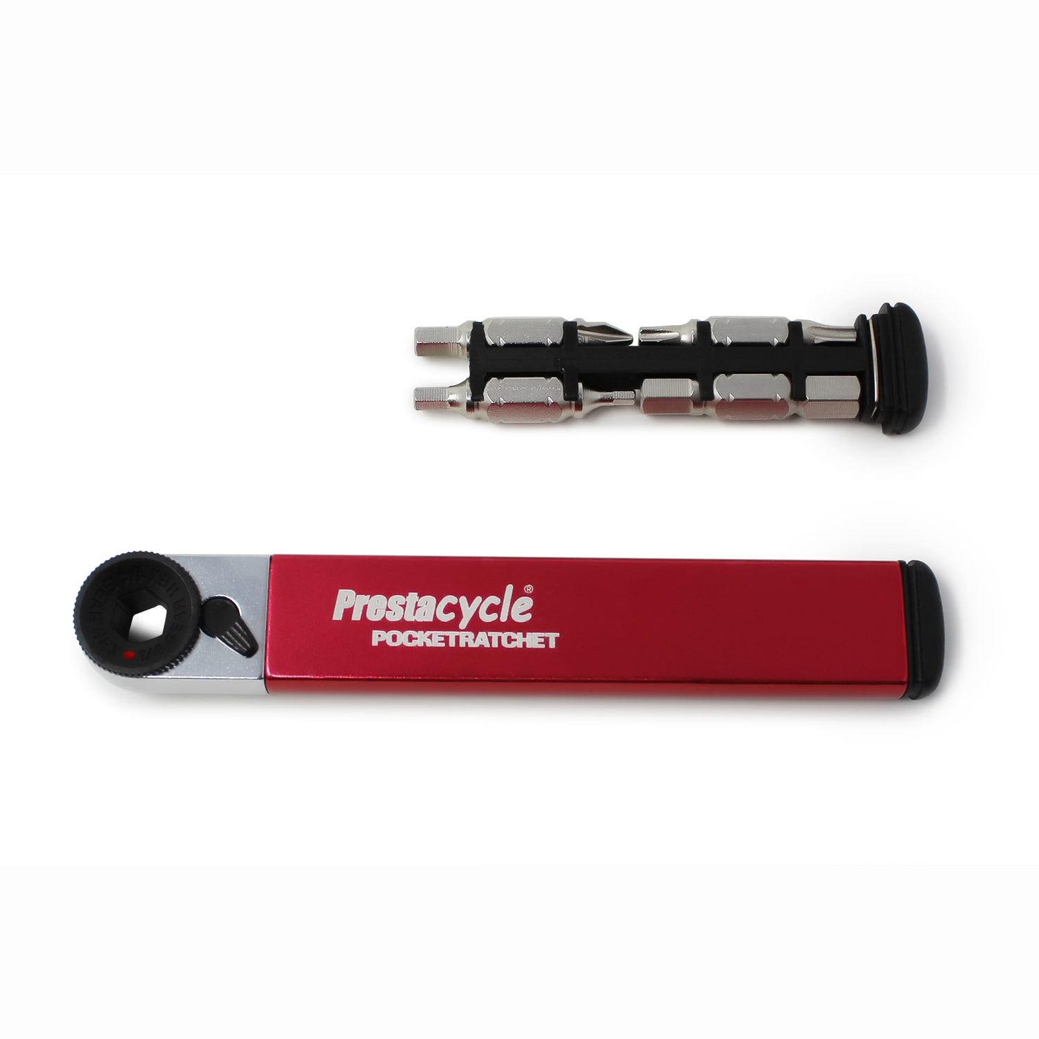 The Prestacycle PocketRatchet—Pocket Multi-tool with bits stored in the handle—is a compact, red tool ideal for cyclists, shown here alongside its black and silver bit holder on a white background.