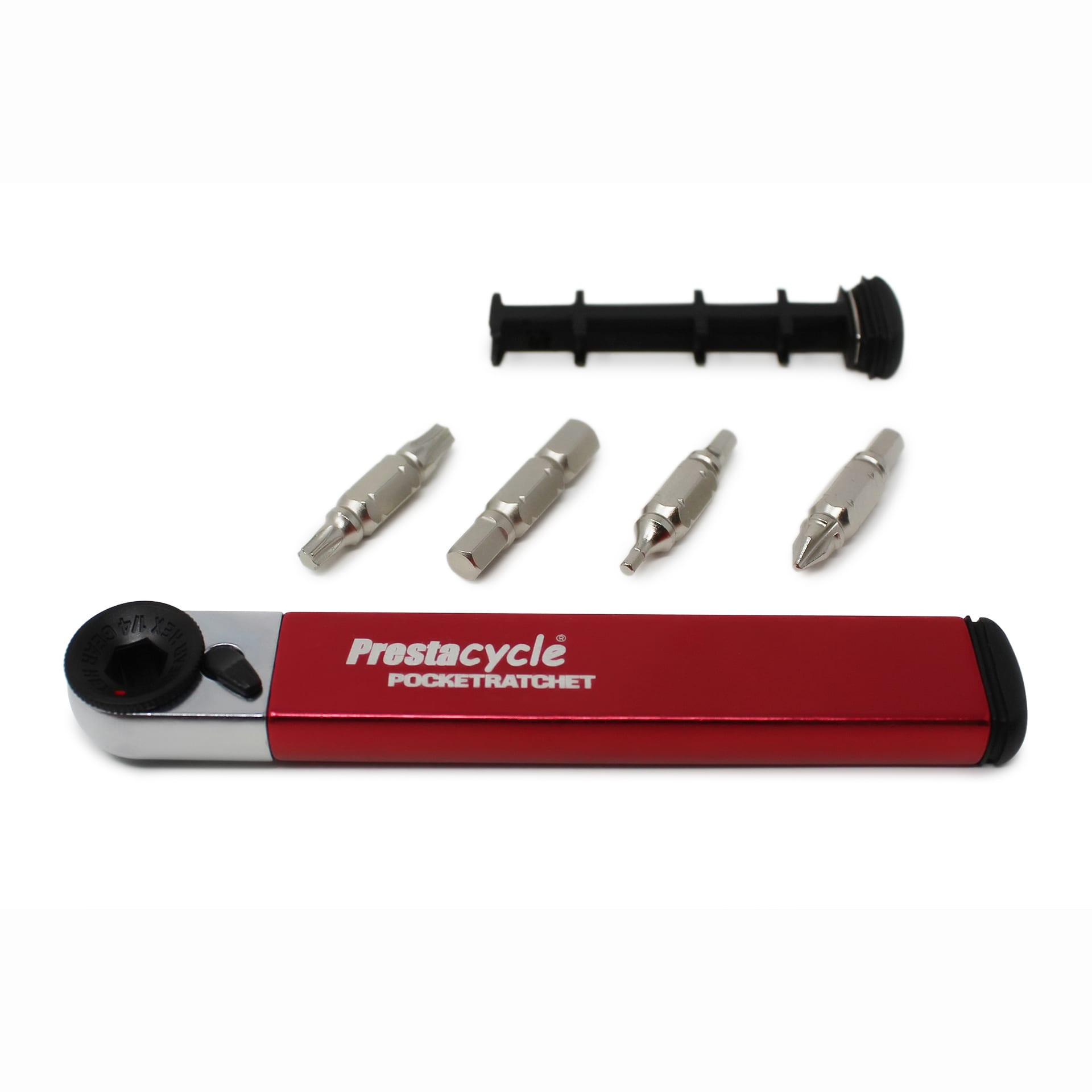 A Prestacycle PocketRatchet pocket multi-tool is shown in red and silver with four metal bits and a black bit holder, all arranged on a white background. The bits are stored conveniently in the handle.