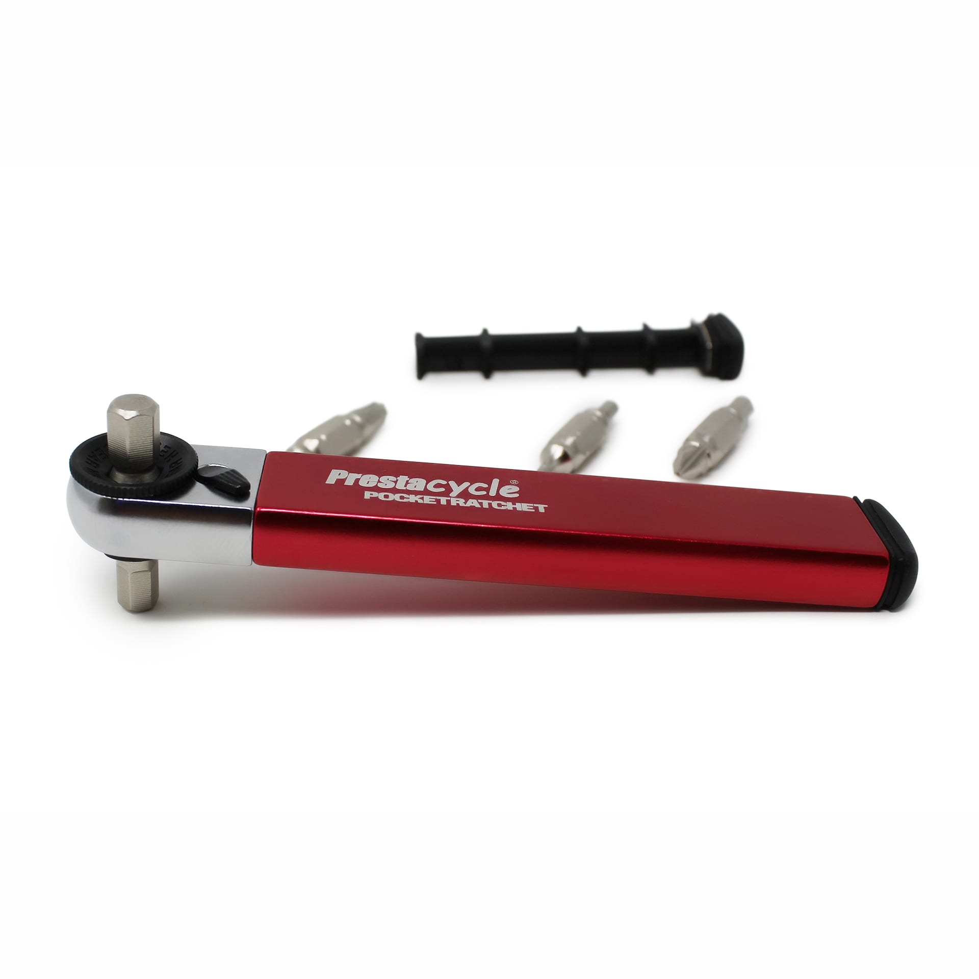 The Prestacycle PocketRatchet is a compact red and silver multi-tool with bits stored in the handle and an extension piece, displayed on a white background, showing the versatility of this handy Prestacycle bike tool.