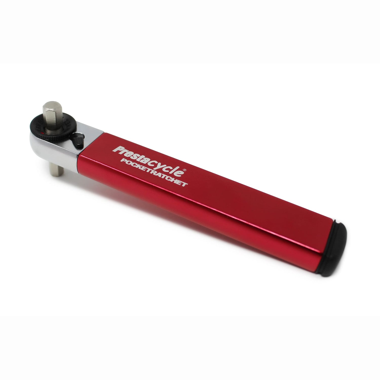 A Prestacycle PocketRatchet - Pocket Multi-tool w/Bits stored in handle by Prestacycle, featuring a silver ratcheting head, rests on a white surface—an ideal compact tool for cyclists.