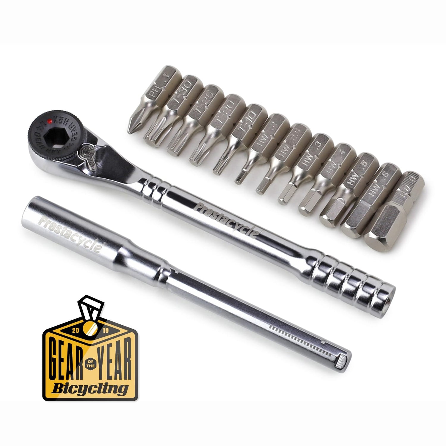 The Prestacycle T-Handle Ratchet Wallet Tool Kit includes a 3-way ratchet, T-handle, metal bits, and extension bar. Compact and portable by Prestacycle, it features the Gear of the Year Bicycling 2019 award badge on the bottom left.