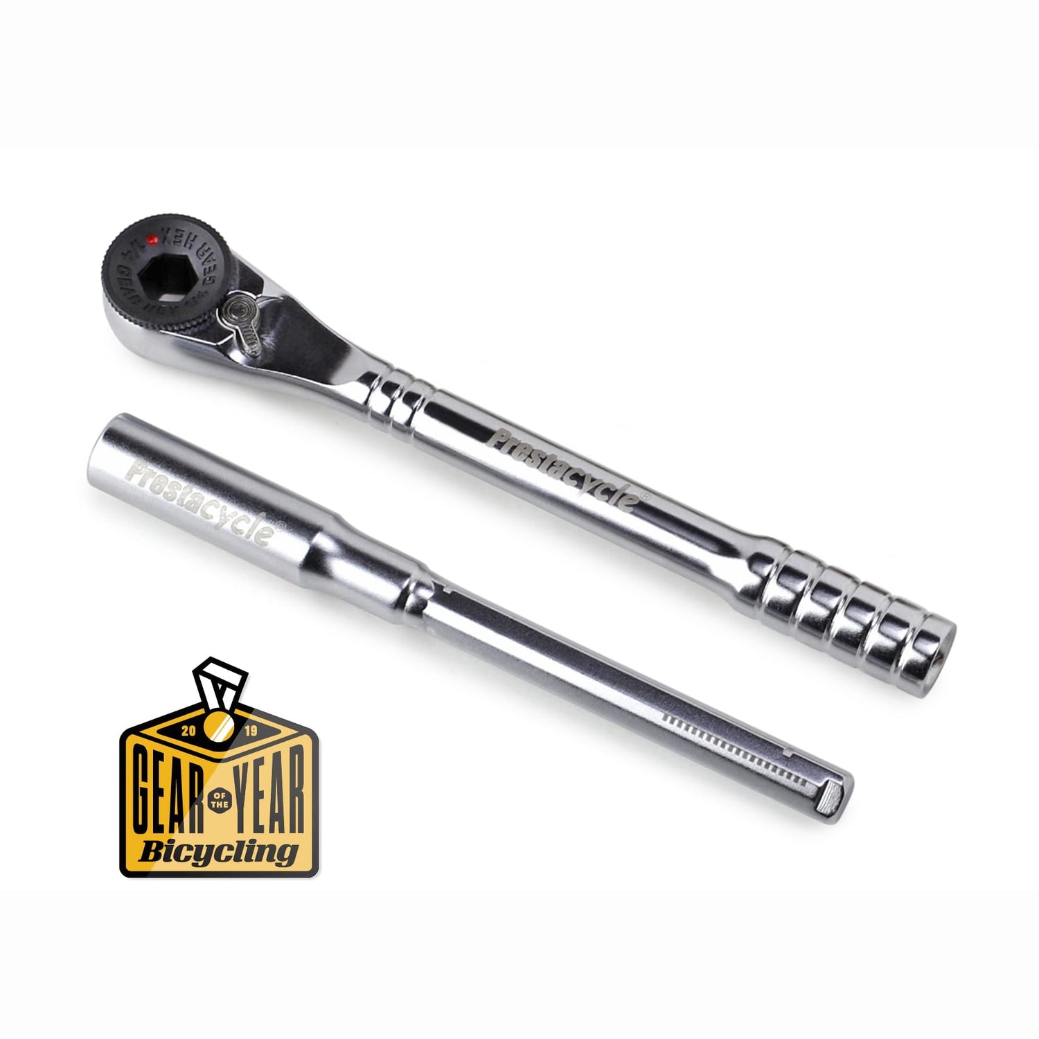 The Prestacycle T-Handle Ratchet – 3 way Ratchet and Extension bar set (Ratchet and Extension only) by Prestacycle is displayed side by side on a white background, with a Bicycling Gear of the Year award badge in the lower left corner.