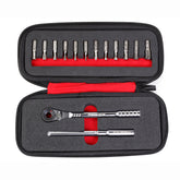 The Prestacycle T-Handle Ratchet Deluxe, by Prestacycle, is a compact kit in a black zippered case featuring a 3-way ratchet, T-handle, extension bar, and 12 screwdriver bits organized in foam compartments.