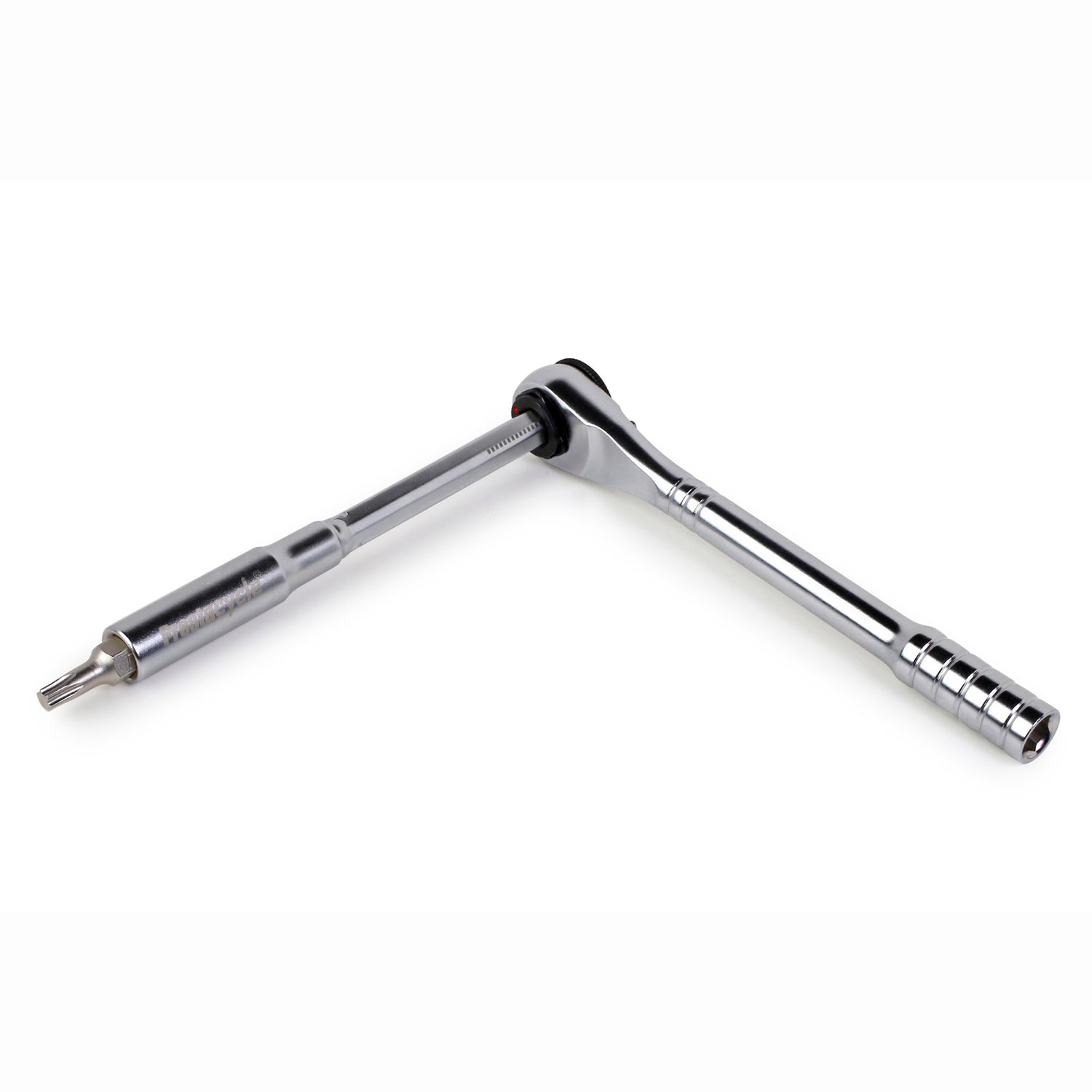 The Prestacycle T-Handle Ratchet Deluxe is a 3-way ratchet and T-handle tool kit by Prestacycle, perfect for any tool bit set or as a handy bike multi-tool—shown arranged in an L-shape with extension bar and bit socket on a white background.