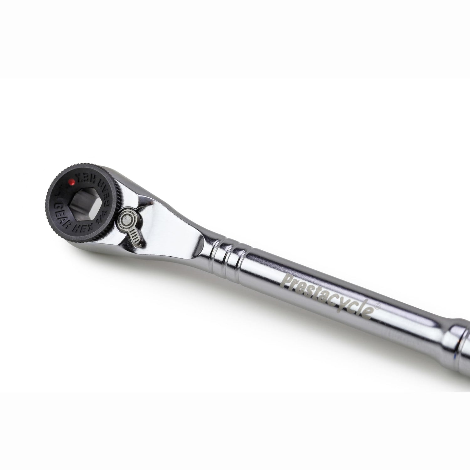A close-up of the Prestacycle T-Handle Ratchet—3-way Ratchet and T-Handle Tool Set (ratchet and extension only) by Prestacycle, featuring a shiny metal design and black circular head, set against a white background.