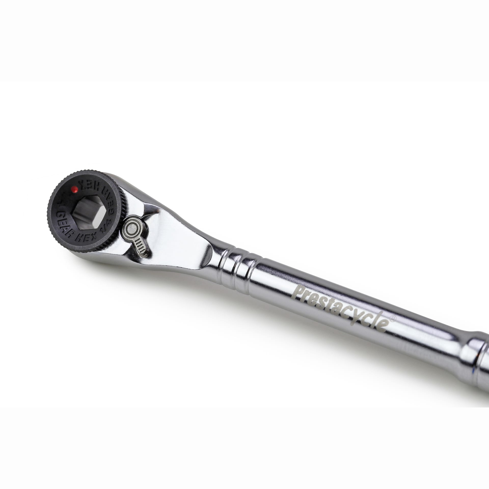 A close-up of the Prestacycle T-Handle Ratchet—3-way Ratchet and T-Handle Tool Set (ratchet and extension only) by Prestacycle, featuring a shiny metal design and black circular head, set against a white background.