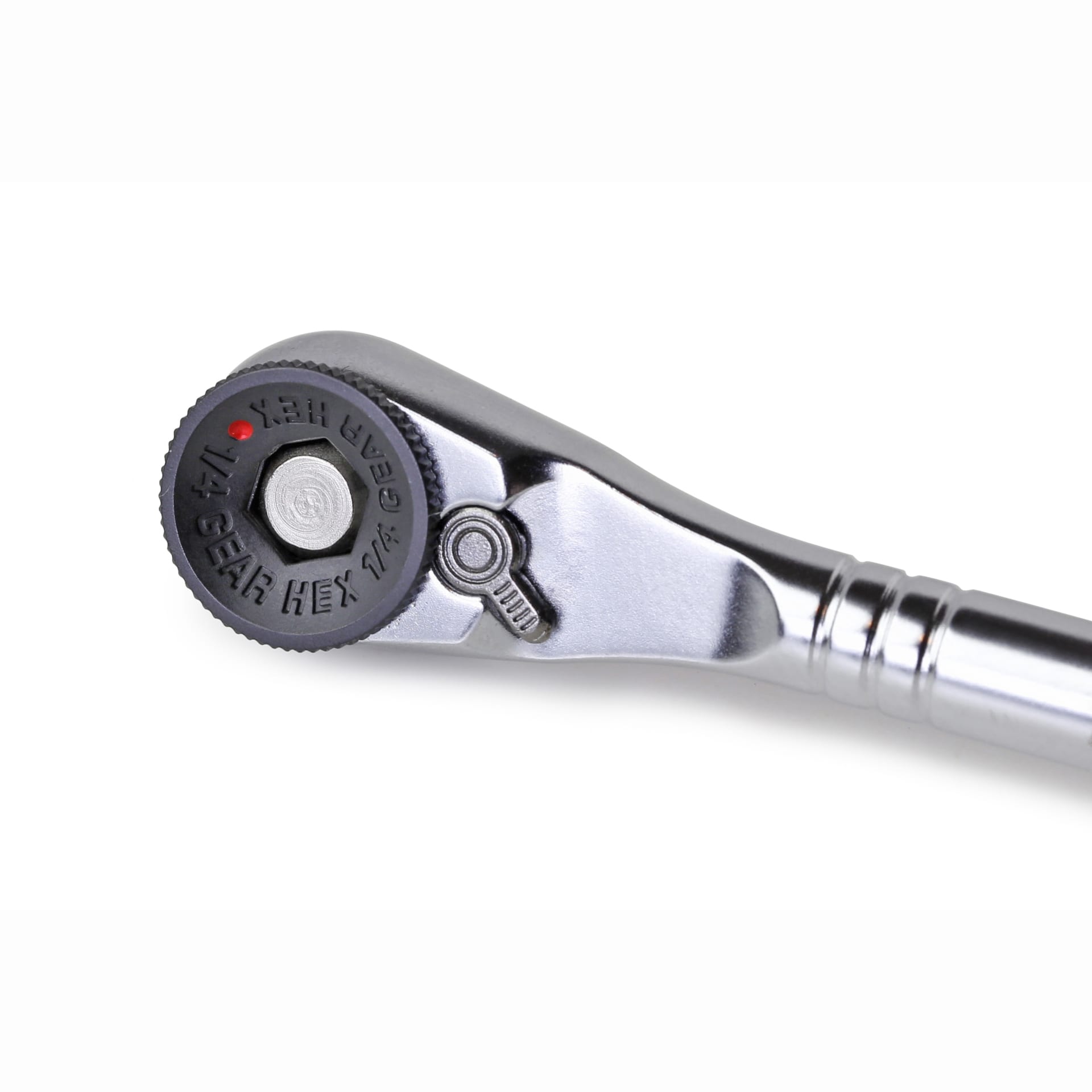 A close-up of the Prestacycle T-Handle Ratchet head shows its reversible gear mechanism and directional switch. This 3-way ratchet and extension tool, by Prestacycle, is set against a white background.
