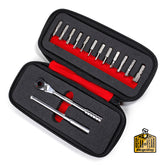 The Prestacycle T-Handle Ratchet Deluxe Kit by Prestacycle features a compact set with multiple screwdriver bits, a 3-way ratchet, and an extension bar in a black and red zippered case—winner of the “Gear of the Year Bicycling” award.