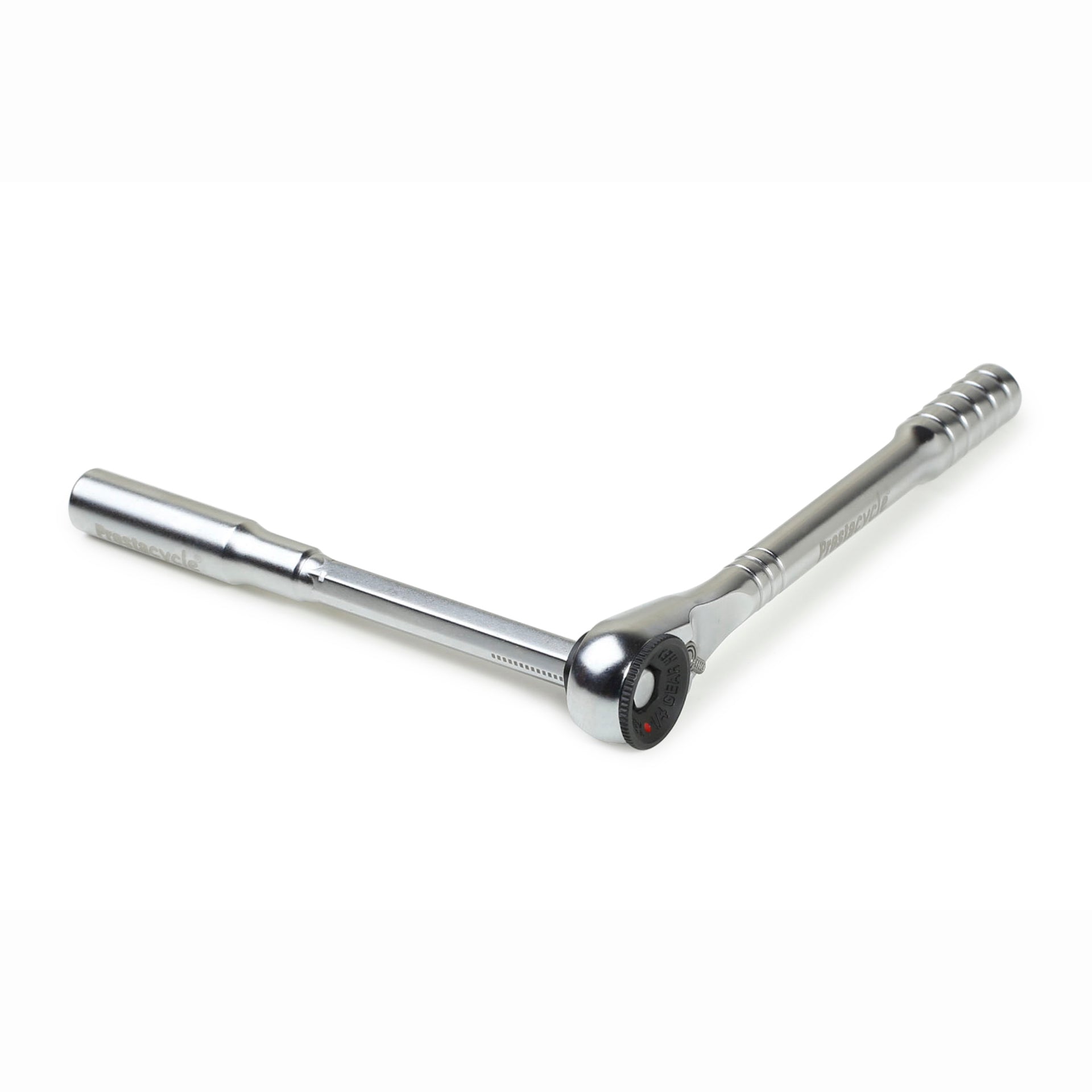 The Prestacycle T-Handle Ratchet Deluxe, a silver, L-shaped 3-way ratchet and T-handle tool kit by Prestacycle, includes a socket attachment on one end and is displayed on a white background.