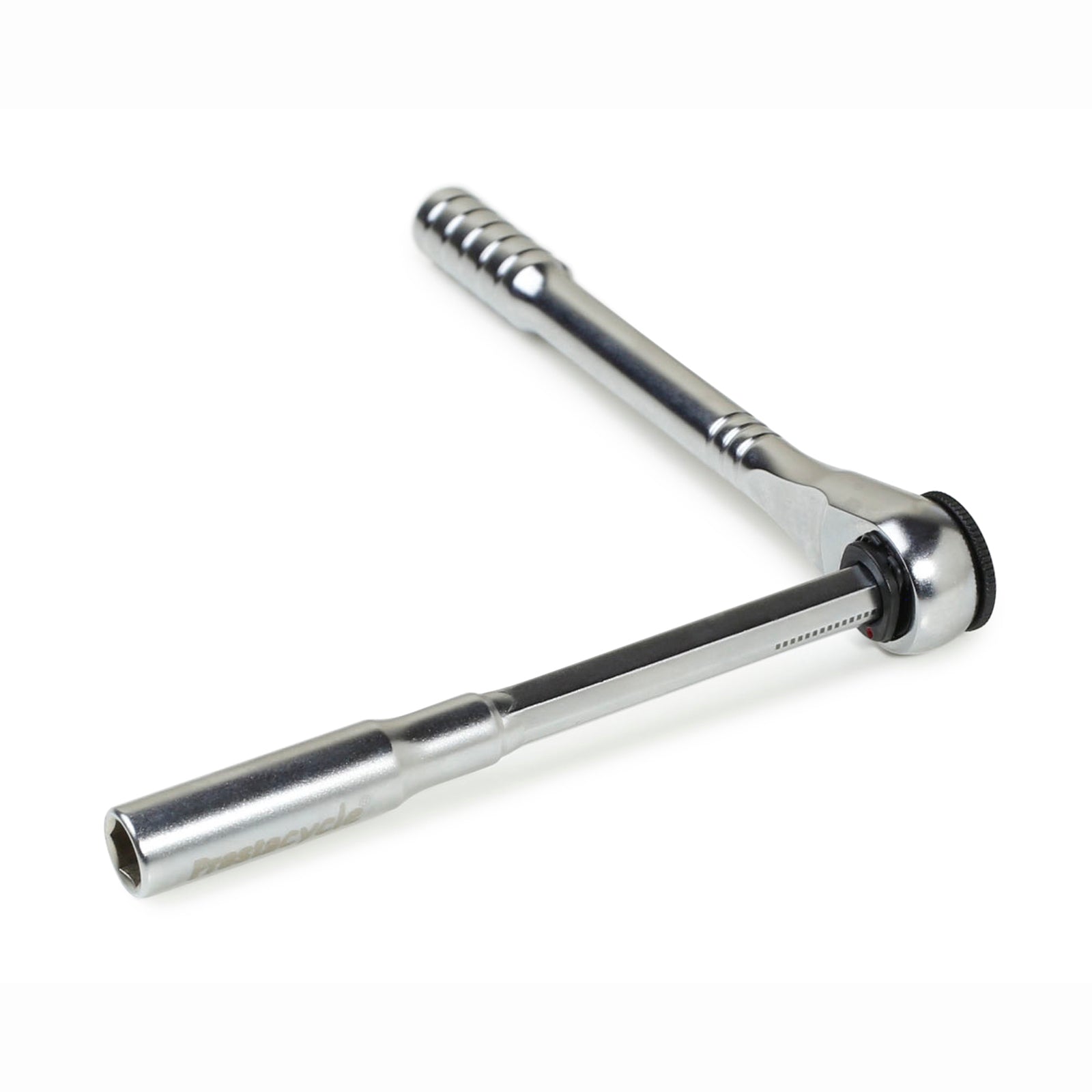 The Prestacycle T-Handle Ratchet Deluxe is a compact 3-way ratchet and T-handle tool kit by Prestacycle, shown diagonally on a white background, perfect for use with tool bit sets or as a portable bike multi-tool.