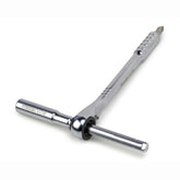 The Prestacycle T-Handle Ratchet Wallet is a sleek silver 3-way ratchet and T-handle tool kit with knurled grip and screwdriver bit, displayed on a white background.