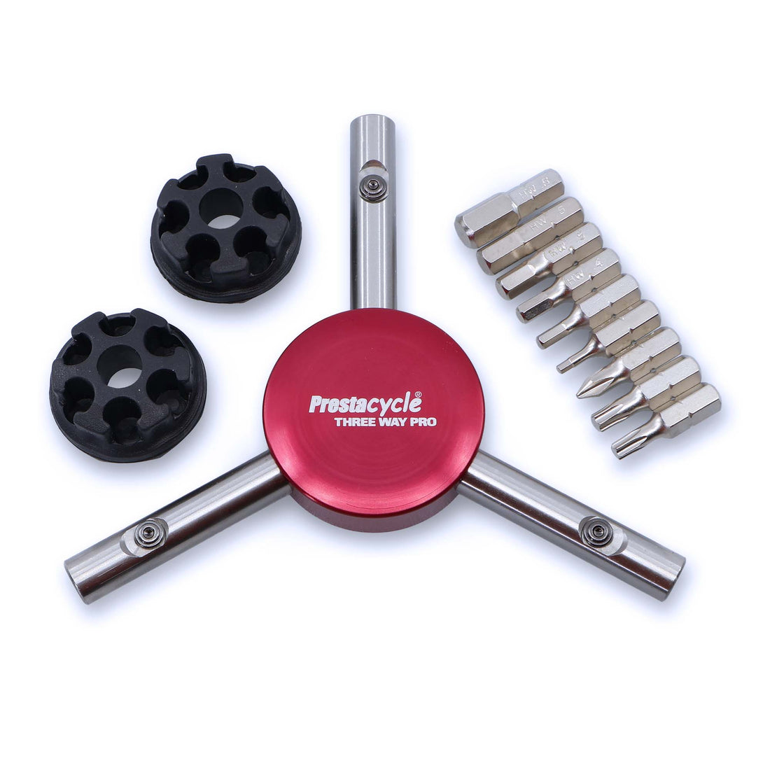 The Prestacycle Professional Three Way Y Bits Tool Kit features a red center, three metal arms with 1/4″ Hex bits, two black adapters, and ten interchangeable screwdriver bits—all from Prestacycle.