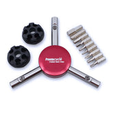 The Prestacycle Professional Three Way Y Bits Tool Kit features a red center, three metal arms with 1/4″ Hex bits, two black adapters, and ten interchangeable screwdriver bits—all from Prestacycle.