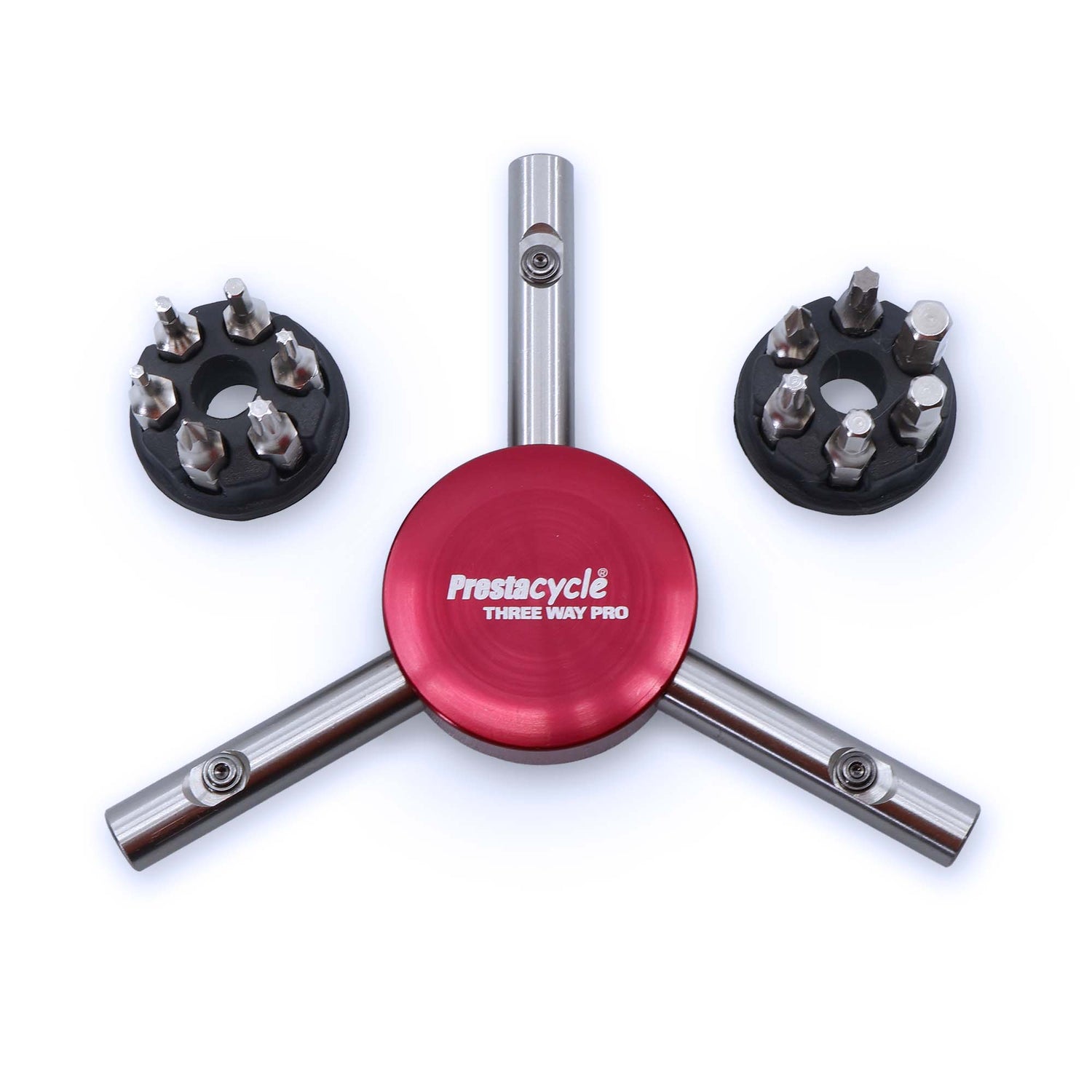 The Prestacycle Professional Three Way Y Bits Tool Kit features a red and silver three-arm tool with two black MagGlide sliders, each holding multiple 1/4″ Hex bits for versatile use.