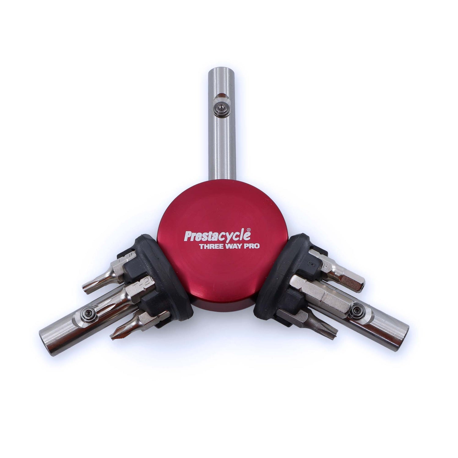 The Prestacycle Professional Three Way Y Bits Tool Kit features a red center, MagGlide sliders, and three arms with interchangeable 1/4″ hex bits—making it an essential tool for efficient bicycle maintenance.