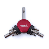 The Prestacycle Professional Three Way Y Bits Tool Kit features a red center, MagGlide sliders, and three arms with interchangeable 1/4″ hex bits—making it an essential tool for efficient bicycle maintenance.