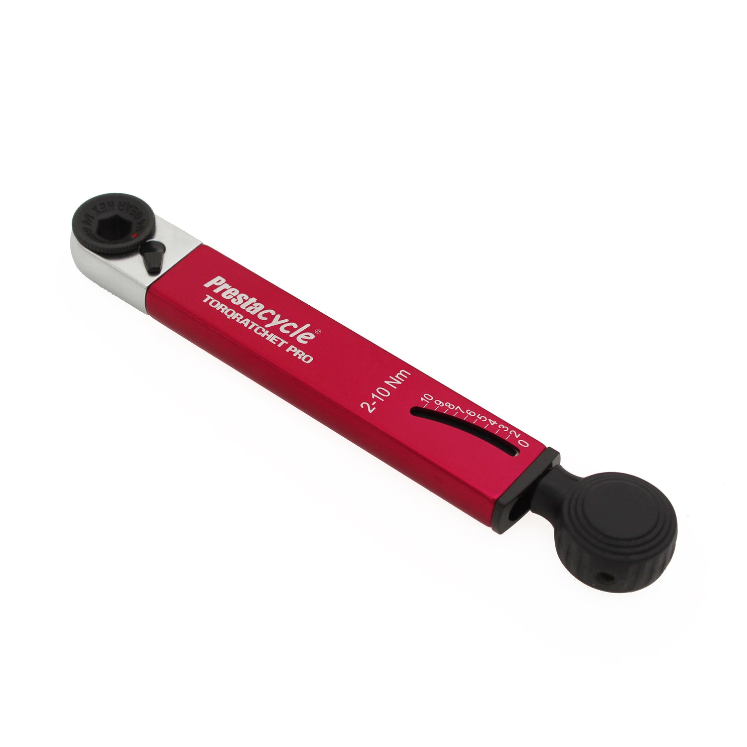 A red and silver Prestacycle TorqRatchet PRO Deluxe (2–10 Nm) torque ratchet, reversible with black adjustment knobs at both ends, serving as a Pro Pocket Multi-tool.