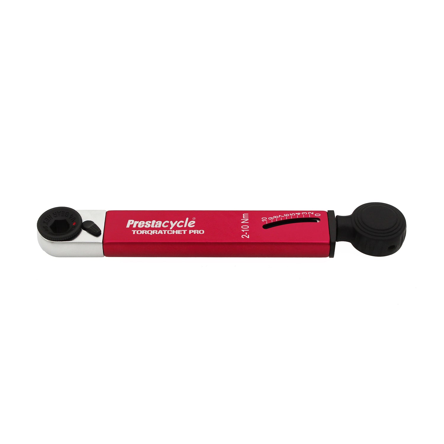 The Prestacycle TorqRatchet PRO Wallet is a red and silver Pro Multi-tool and 2–10Nm torque ratchet wrench with a black adjustment dial.