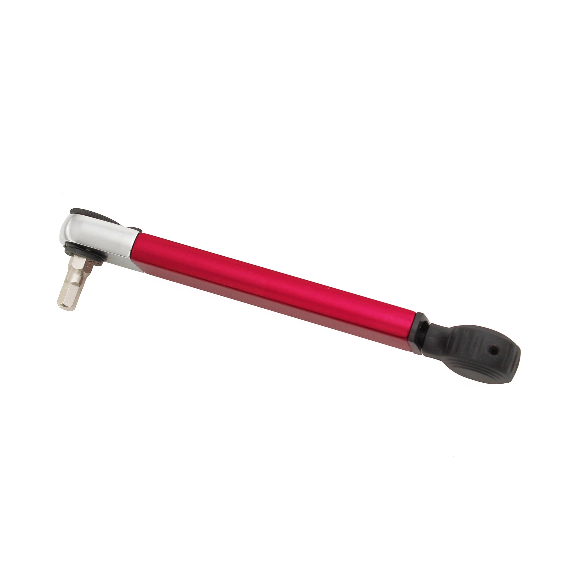 The Prestacycle TorqRatchet PRO Deluxe is a compact red and silver reversible torque ratchet wrench with a black handle and socket attachment, shown on a white background.