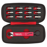 The Prestacycle TorqRatchet PRO Deluxe by Prestacycle is a black zippered case with foam padding, holding a red reversible ratchet multi-tool and 12 metal bits for precision tightening, plus 2~10Nm torque capability.