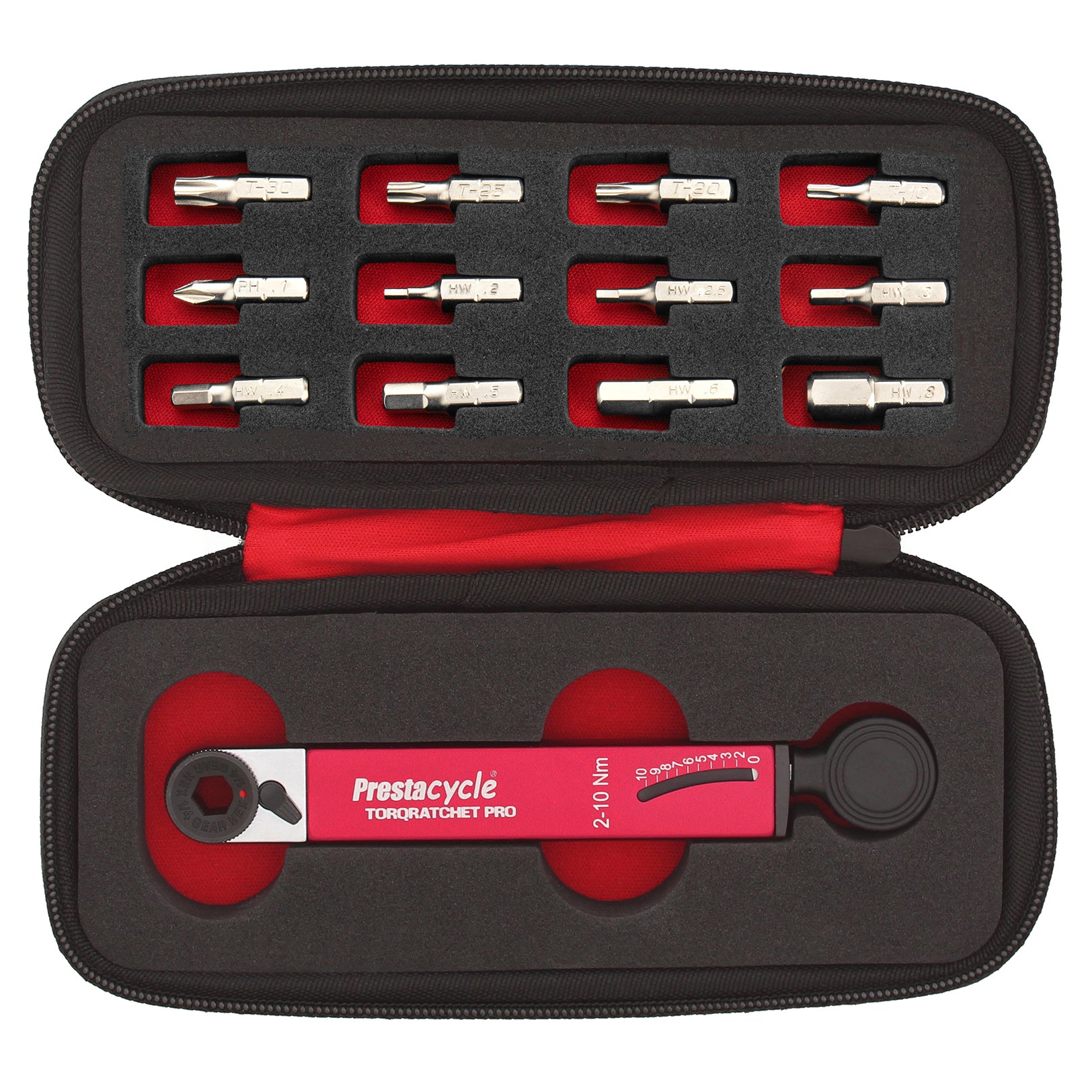 The Prestacycle TorqRatchet PRO Deluxe by Prestacycle is a black zippered case with foam padding, holding a red reversible ratchet multi-tool and 12 metal bits for precision tightening, plus 2~10Nm torque capability.