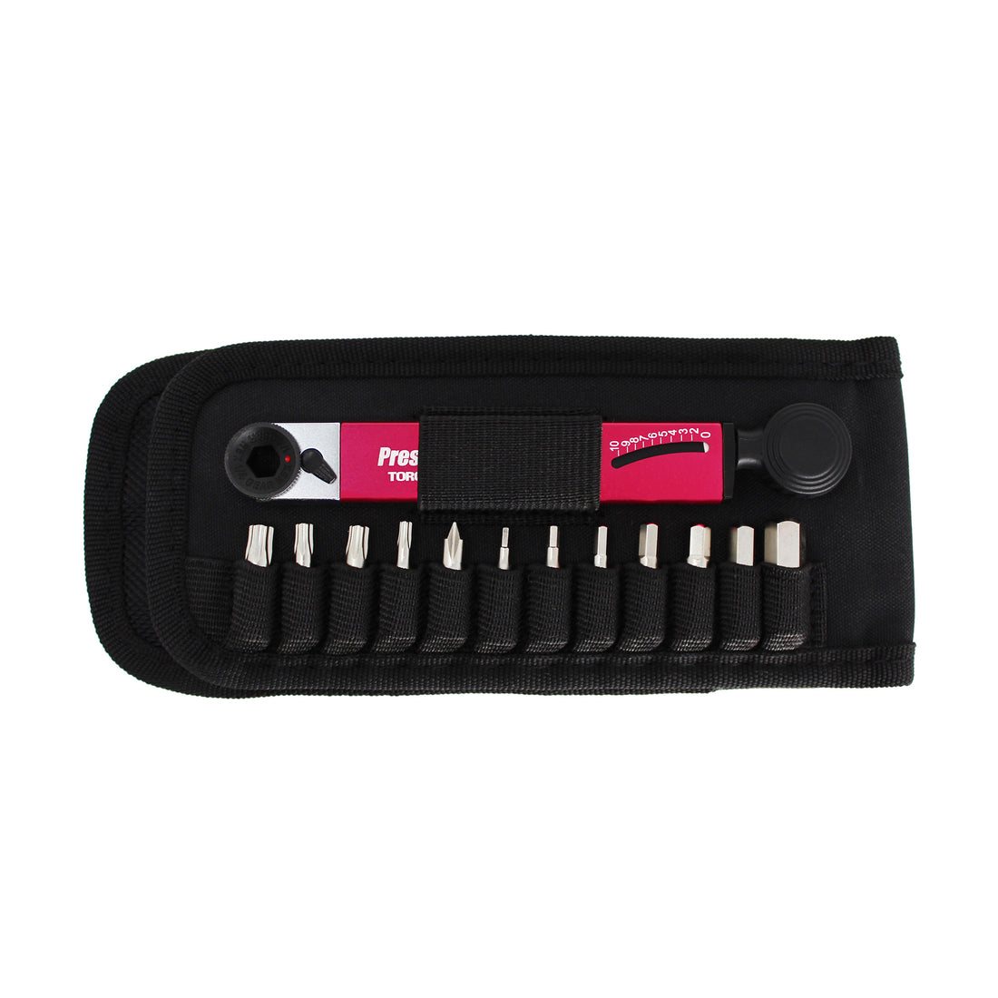 The Prestacycle TorqRatchet PRO Wallet is a black pouch with a red and black Pro Multi-tool and 2–10Nm torque ratchet, plus interchangeable bits from Prestacycle, all organized in individual slots.