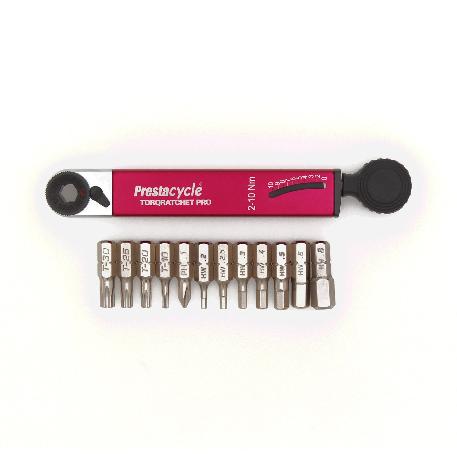 A Prestacycle TorqRatchet PRO Deluxe Pocket Multi-tool and 2~10Nm Torque Ratchet is displayed with 12 interchangeable metal bits, all arranged neatly on a white background.
