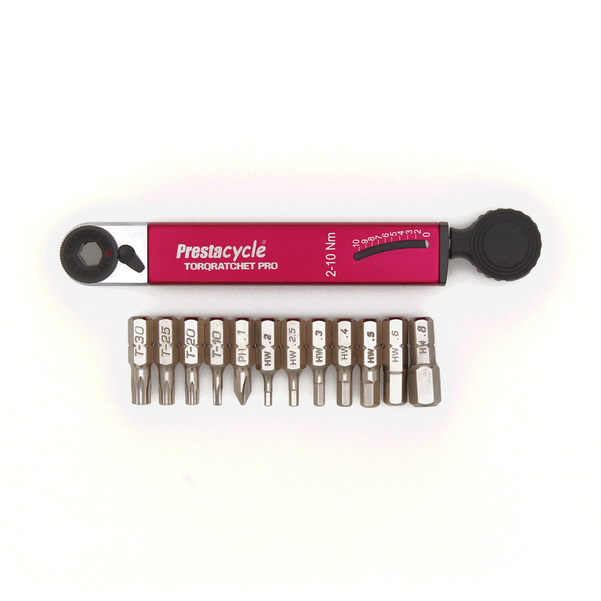 A Prestacycle TorqRatchet PRO Deluxe Pocket Multi-tool and 2~10Nm Torque Ratchet is displayed with 12 interchangeable metal bits, all arranged neatly on a white background.