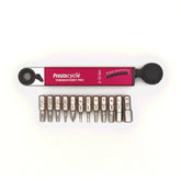 The red Prestacycle TorqRatchet PRO Wallet is a pro multi-tool with a reversible ratchet and 2~10Nm torque, including twelve interchangeable metal bits neatly arranged below the tool.