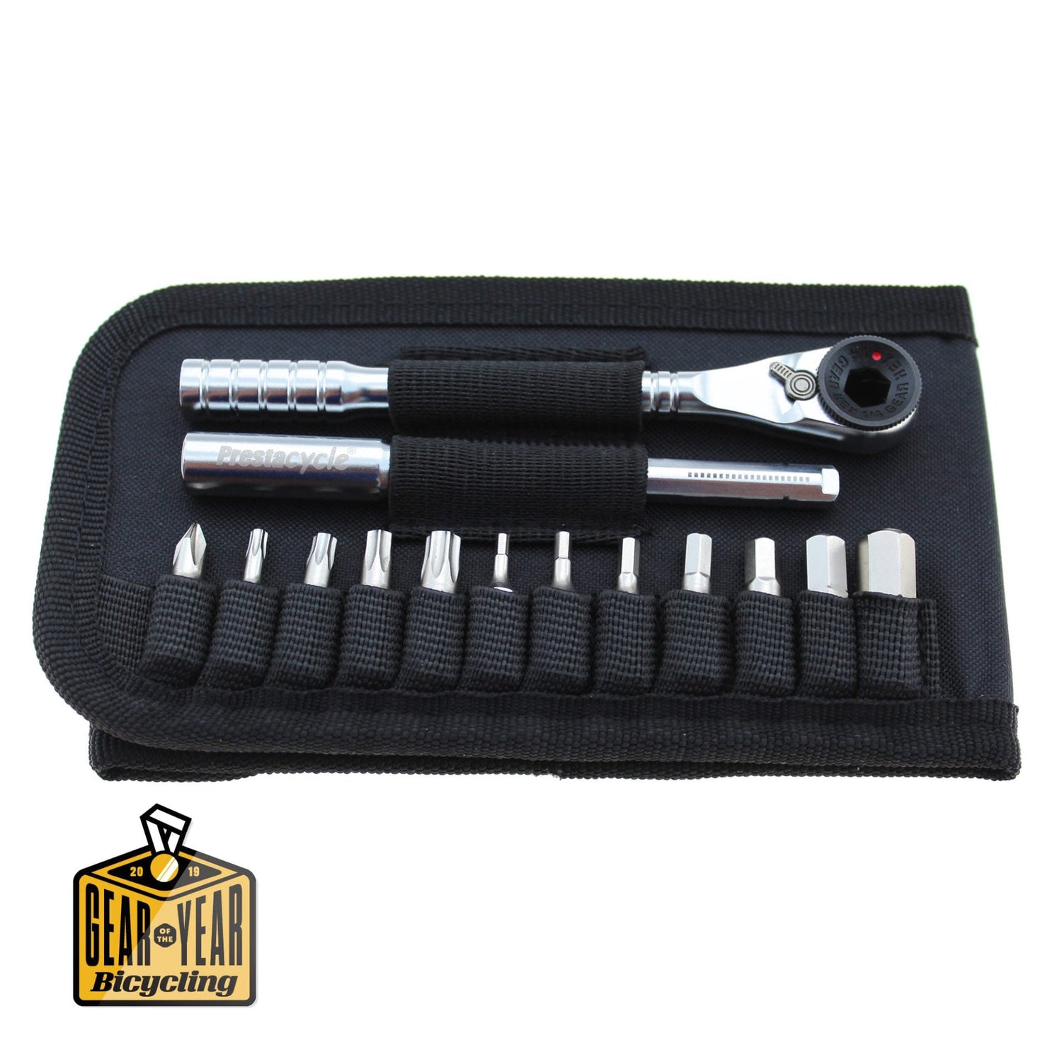 The Prestacycle T-Handle Ratchet Wallet is a compact black portable tool kit by Prestacycle, featuring a 3-way ratchet, extension bar, multiple screwdriver bits in elastic loops, and a Gear of the Year Bicycling badge at the bottom left.