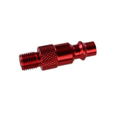 The Prestacycle Prestaflator Micro – CO2/Air Compressor/Pump Bundle is a red metallic quick-connect fitting with a textured grip and threaded end, perfect as an air compressor adapter, shown on a white background.