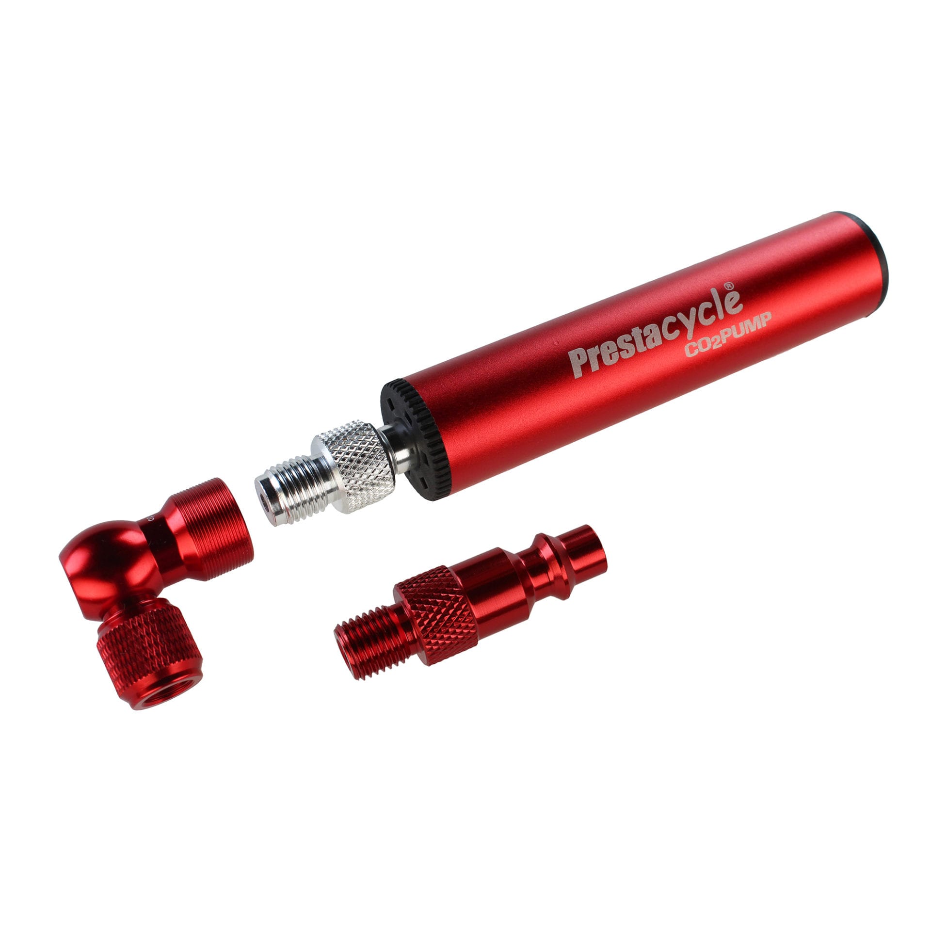 A red Prestacycle Prestaflator Micro CO2/Air Compressor/Pump Bundle with two detachable metal nozzle parts, including a CO2 inflation head, is displayed separated before the main cylinder on a white background.
