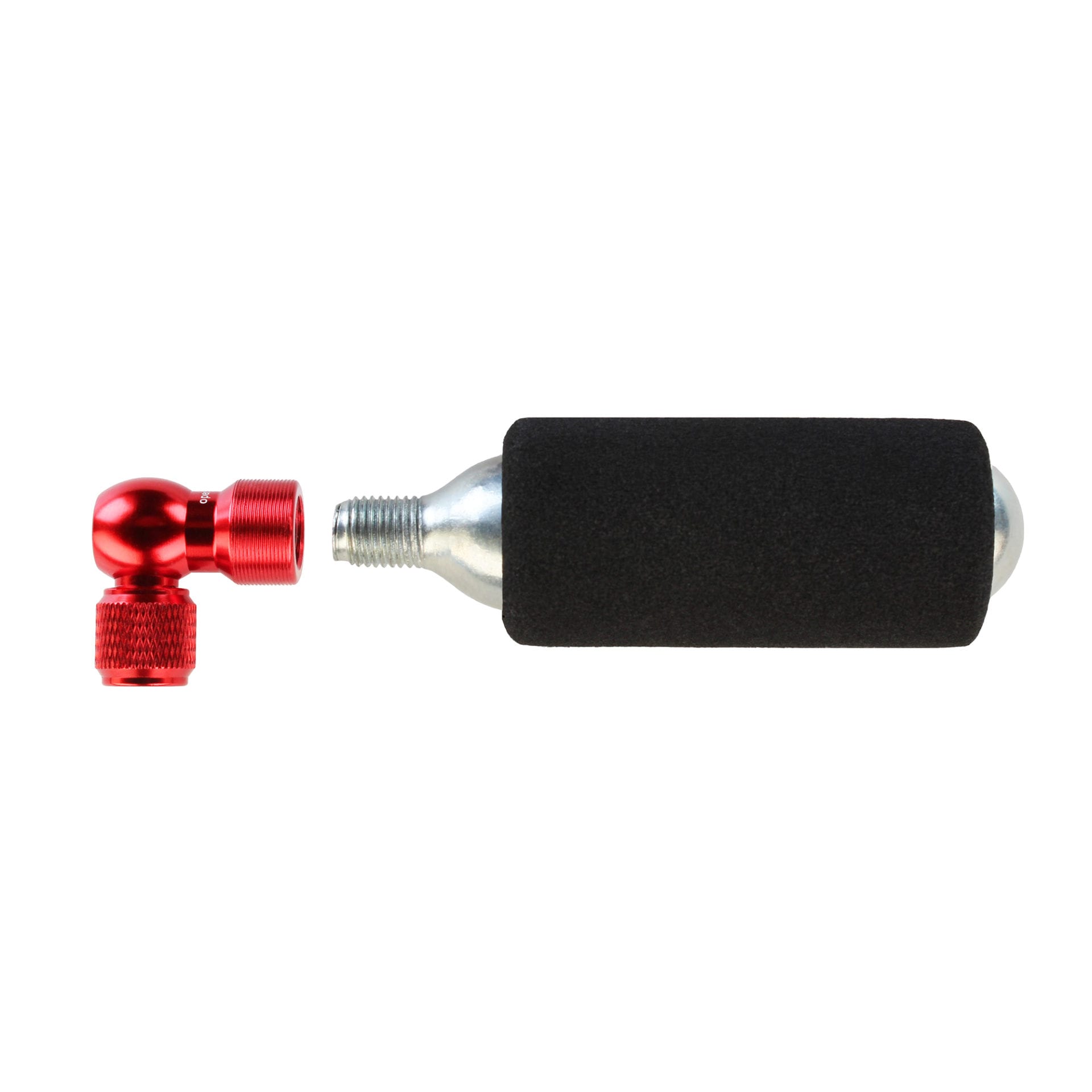 A black foam-covered metallic CO2 cartridge and a small red inflation head from the Prestacycle Prestaflator Micro - CO2 / Air Compressor / Pump Bundle are displayed against a white background.