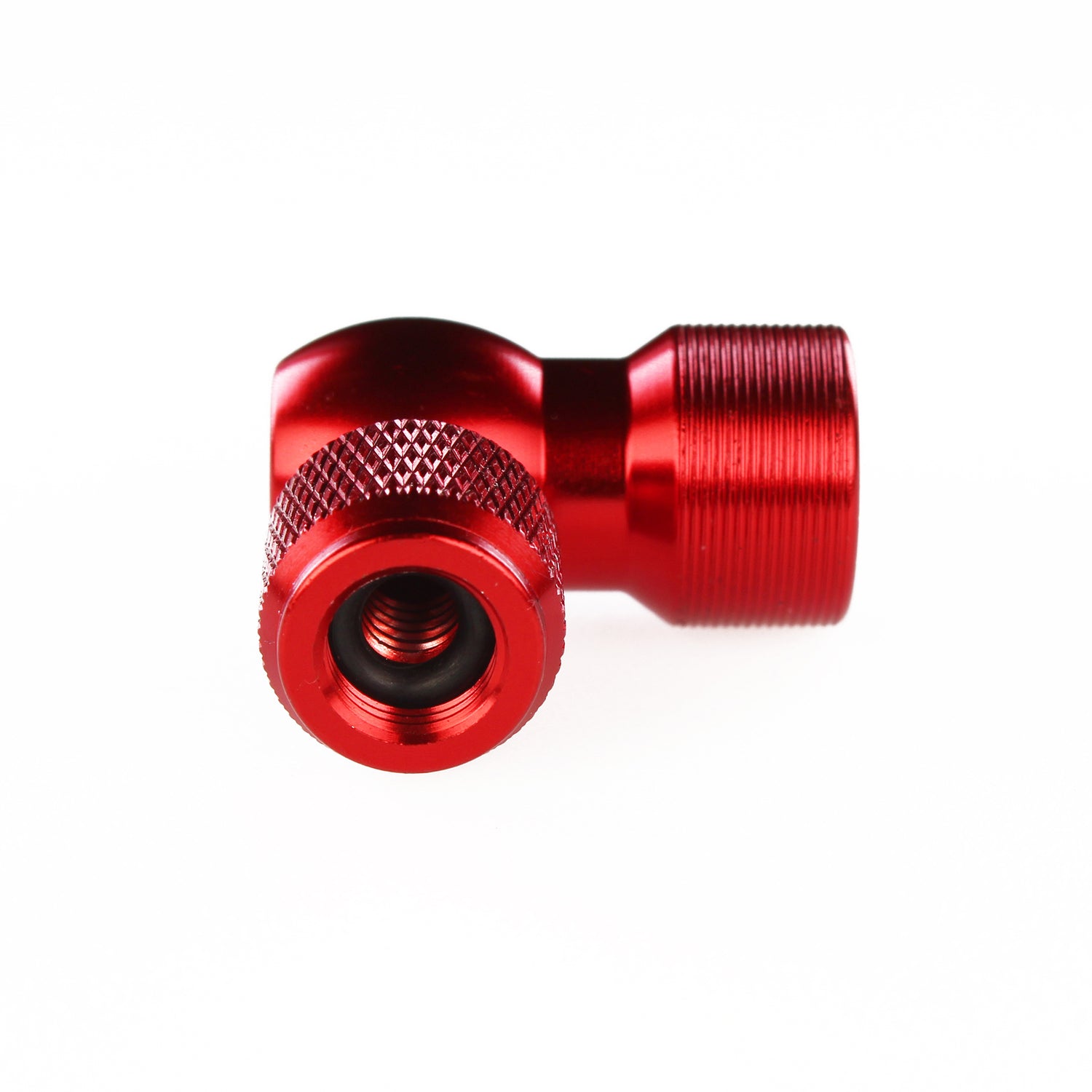 A close-up of the Prestacycle Prestaflator Micro - CO2 / Air Compressor / Pump Bundle, a red metal L-shaped threaded fitting with textured grip, shown on white background—perfect as an air compressor adapter.