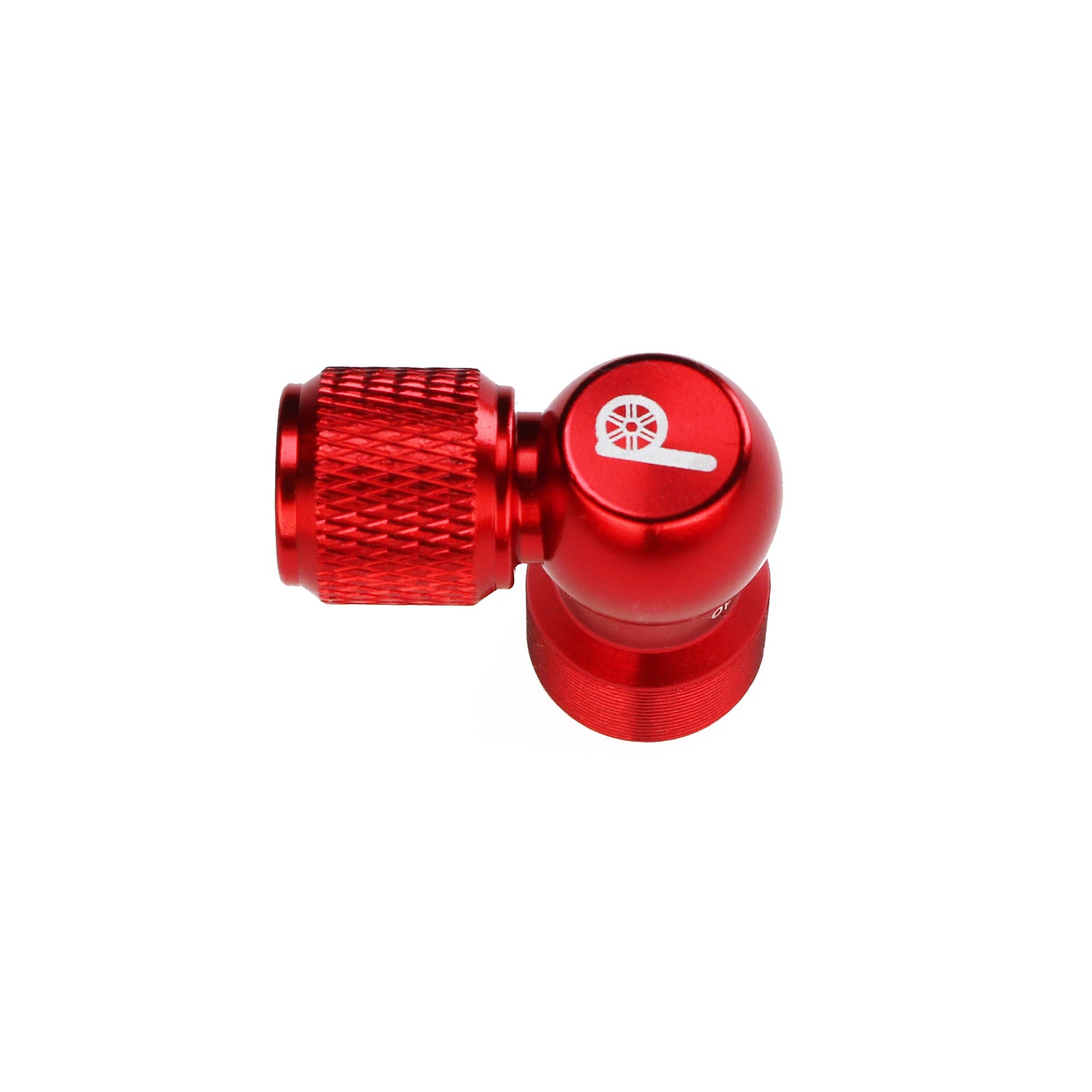 The Prestacycle Prestaflator Micro is a compact, metallic red adapter with a textured grip and a white wheel and tire graphic on top, compatible with CO2, air compressors, and pumps.