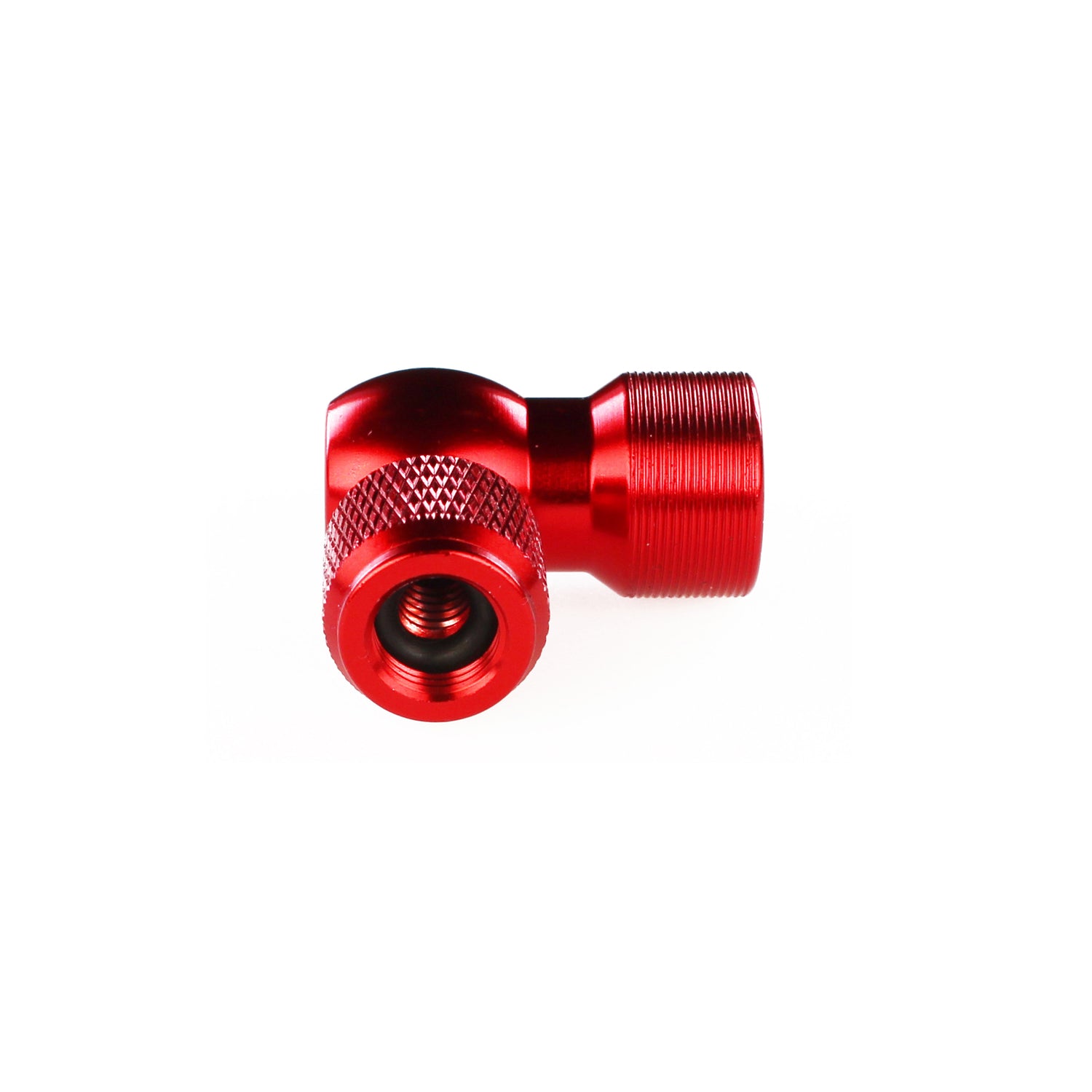 A close-up of a small, metallic red right-angle fitting with a threaded interior from the Prestacycle GO Bundle 8-in-1 Tool Kit TO GO! by Prestacycle, isolated on a white background.