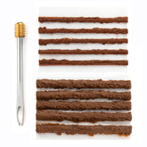 A Prestacycle Tire Plugger Kit by Prestacycle, featuring a metal repair tool with brass tip, is shown beside two rows of brown textured bacon strips for plugging tire punctures.