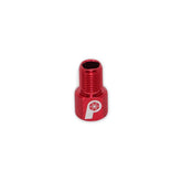The Prestacycle Prestadapter TUBELESS is a small, red, lightweight alloy Schrader-to-Presta valve adapter and core remover with threading and a white P-and-wheel logo, shown isolated on a white background.