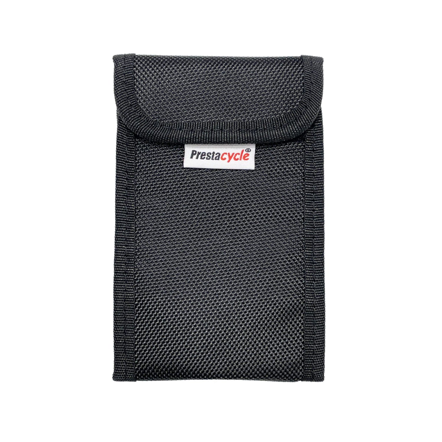 The Prestacycle T-Ratchet Pro Wallet Kit features a black textured nylon pouch with flap closure and a subtle front Prestacycle logo tag. Ideal for storing bike hand tools or the T-Ratchet set. Shown against a white background.