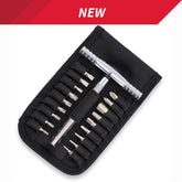 The Prestacycle T-Ratchet Pro Wallet Kit is a compact black bicycle hand tool set featuring a silver T-Ratchet handle and S2 steel hex bits in elastic loops. NEW appears at the top in bold white text on a red banner.