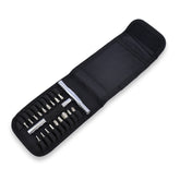 The Prestacycle T-Ratchet Pro Wallet Kit by Prestacycle features a black fabric pouch holding a compact screwdriver set with S2 Steel Hex Bits and metallic handle, all secured—perfect bicycle hand tools.