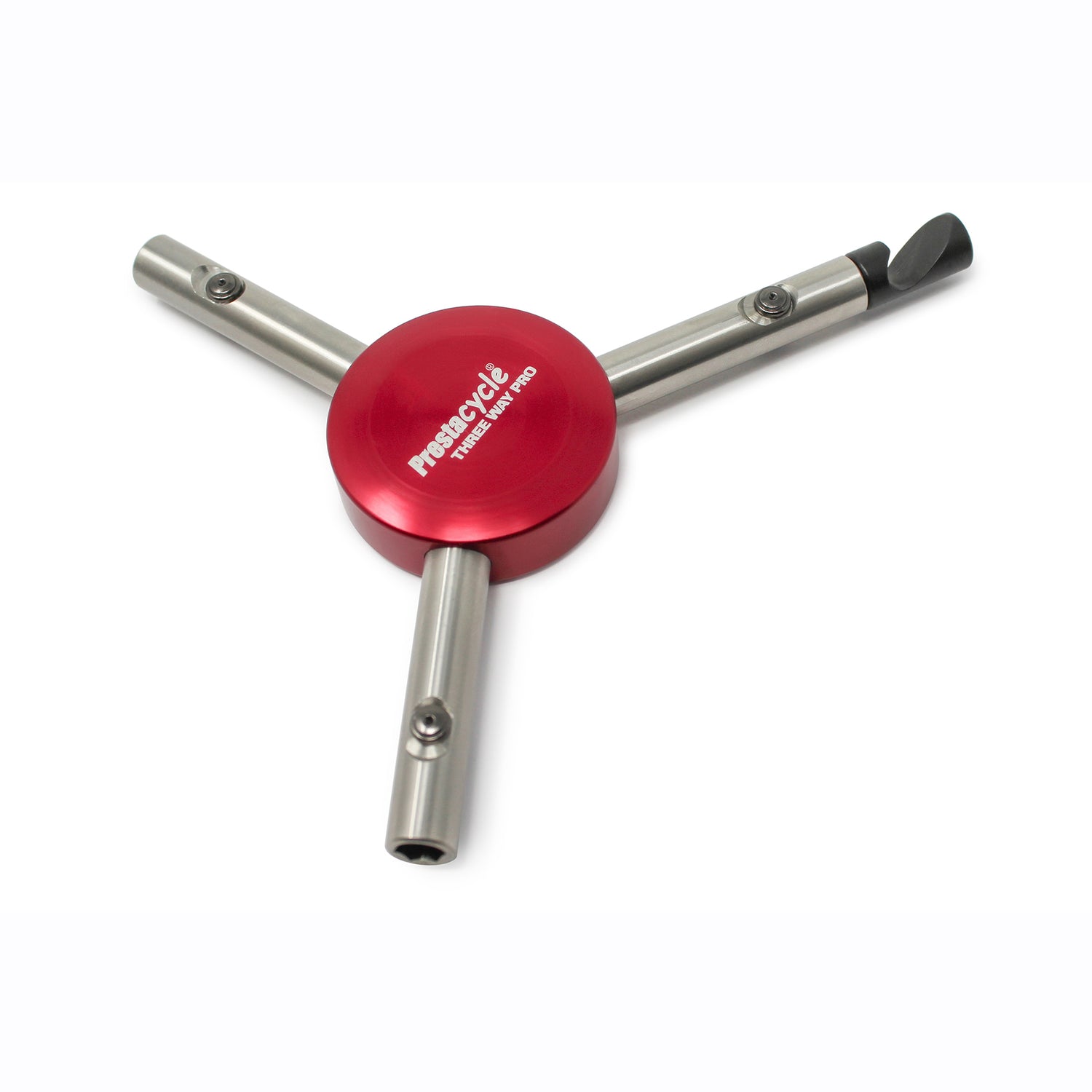 The Prestacycle Bottle Opener Specialty Bit is a red and silver metal tool from Prestacycle with three arms extending from a central hub, designed for equipment assembly. One arm features a black bit tip that serves as a bottle opener.