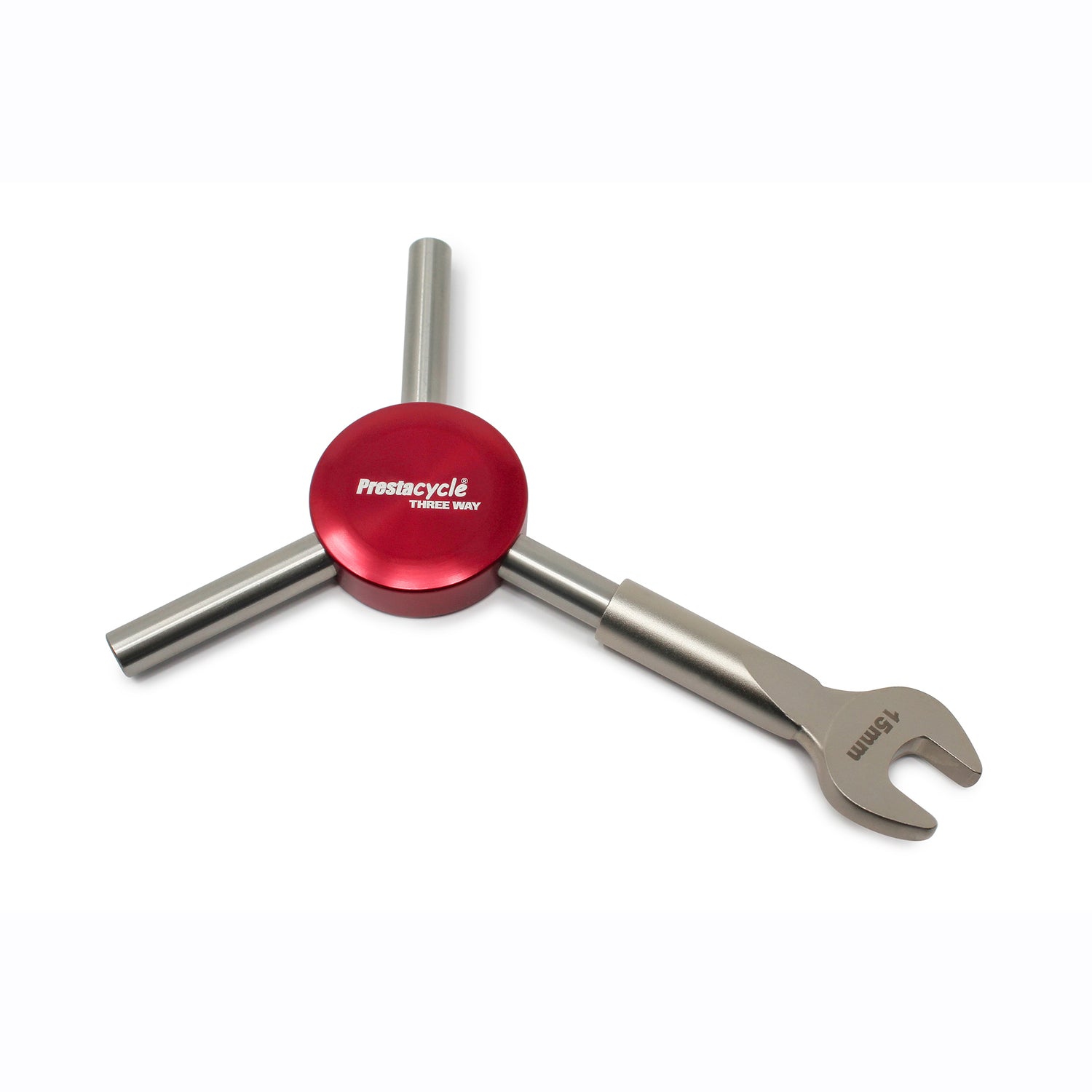 The Prestacycle 15mm Wrench Specialty Bit is a three-way bike tool with a red center marked Prestacycle, two arms for accessory bits with metal handles, and a third arm featuring a 15mm wrench head for threaded hub axles.