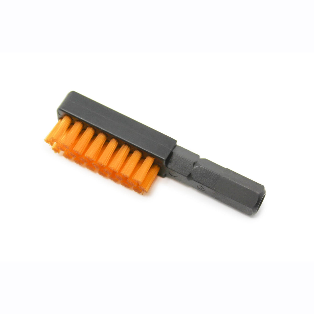 The Prestacycle Chain Cleaning &amp; Lubricating Brush Specialty Bit by Prestacycle features stiff orange bristles and a black plastic handle, ideal for power tools—perfect for chain maintenance and essential bike tool kits.