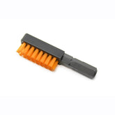 The Prestacycle Chain Cleaning & Lubricating Brush Specialty Bit by Prestacycle features stiff orange bristles and a black plastic handle, ideal for power tools—perfect for chain maintenance and essential bike tool kits.