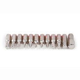 The Prestacycle Professional 12 piece 1/4 S2 Hex Bits Set by Prestacycle features twelve S2 steel bits in assorted shapes and sizes, neatly arranged on a white background.