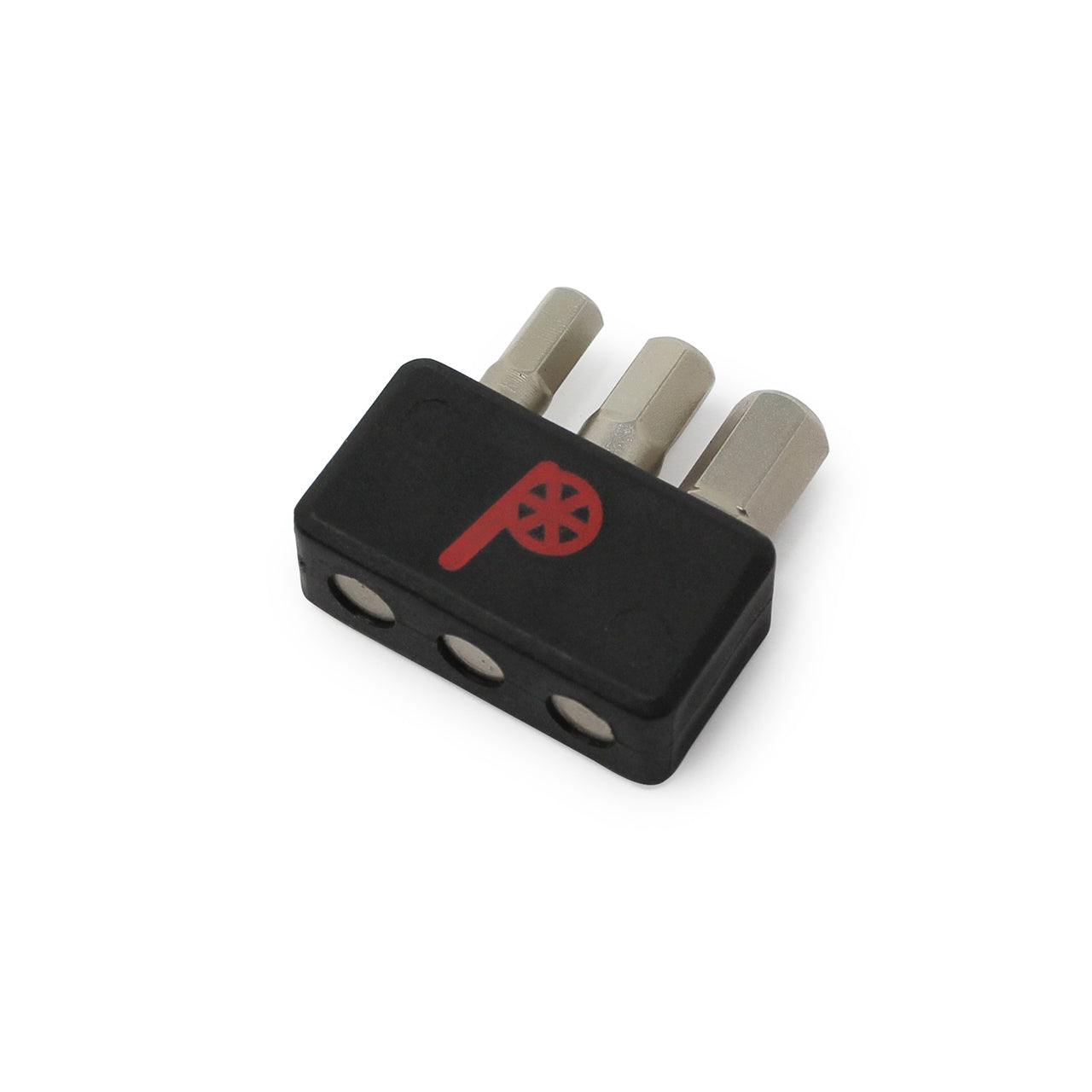 The Prestacycle Professional 3 piece 1/4 S2 Hex Bits Set features a black adapter with three S2 steel hex bits, three round ports, and a red Prestacycle P logo with an integrated wheel design on the surface.