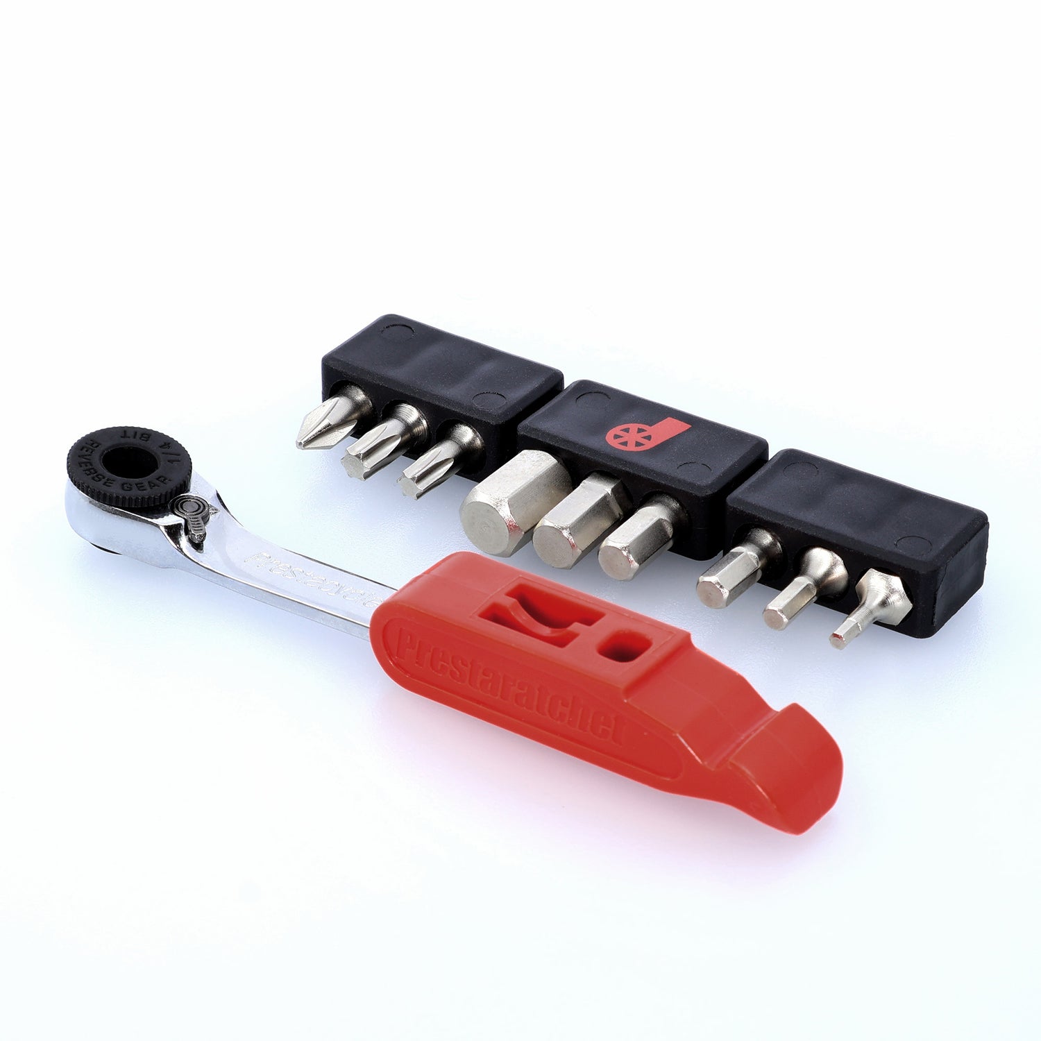 The Prestacycle GO Bundle is a compact 8-in-1 multi-tool kit featuring screwdriver and hex bits in black holders, with a red handle labeled PrestaRatchet—everything you need from Prestacycle, ready to go!.
