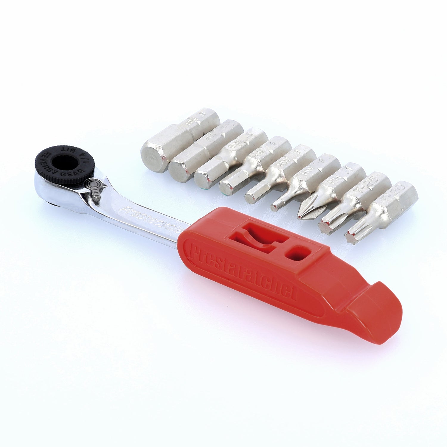 The Prestacycle GO Bundle by Prestacycle features a metal ratcheting multi-tool wrench, eight interchangeable bits, and a red holder—an 8-in-1 complete tool kit to go—all arranged on a white background.