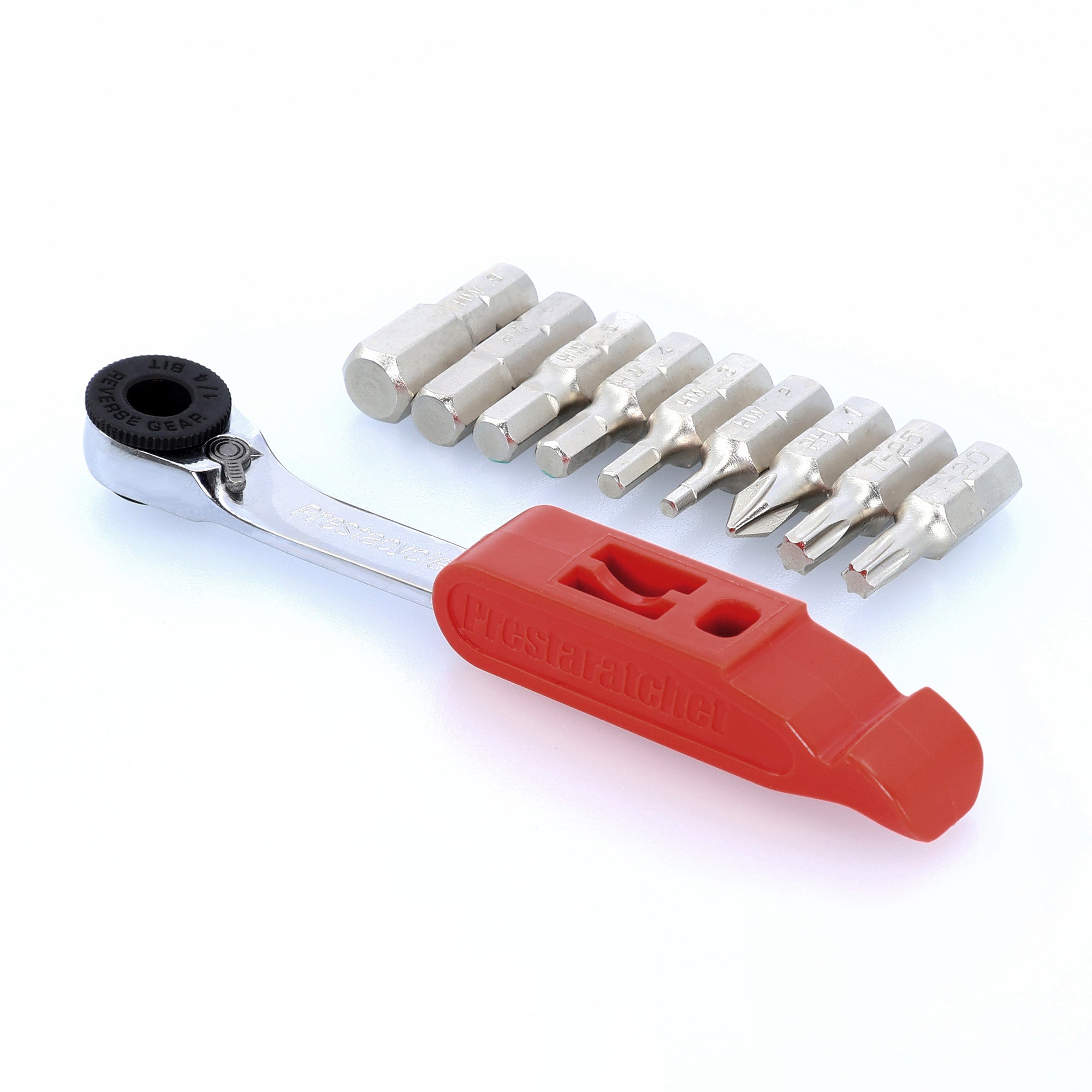 The Prestacycle Prestaratchet GO Multi-tool Kit is a compact 5-in-1 reversible ratchet wrench with a red handle and eight metal bits, all neatly arranged in a row on a white background.